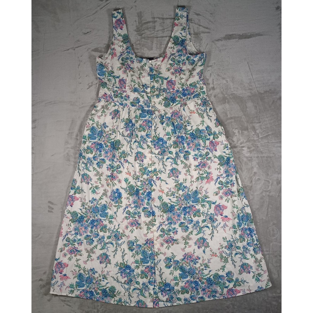 J.Crew Button Front Midi Dress Womens 16 White Blue Floral Cotton Poplin Summer
